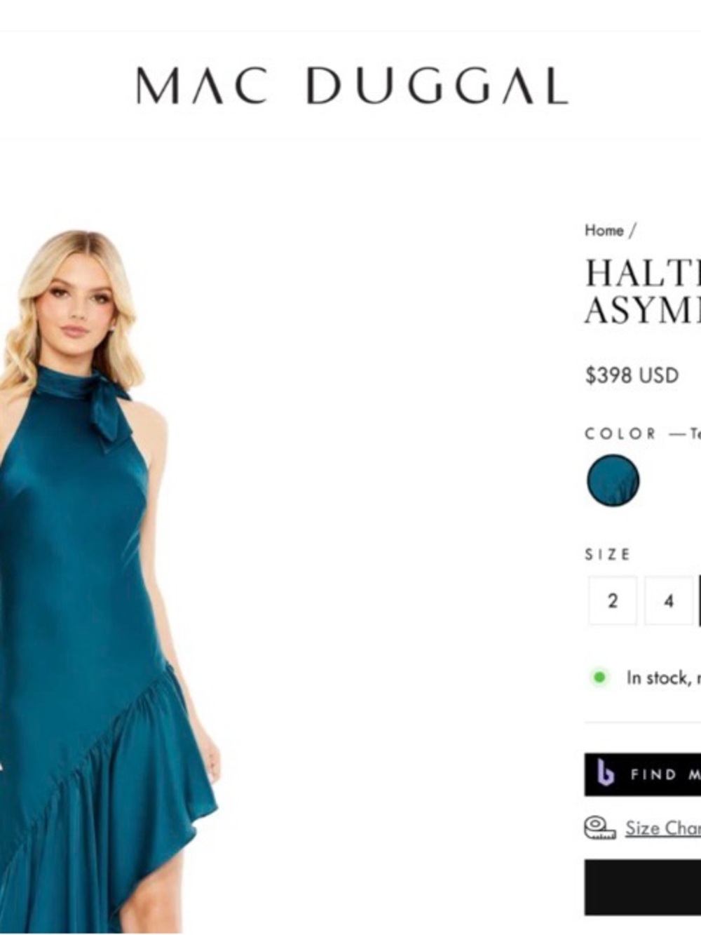Mac Duggal Teal High-Neck Halter Dress with Asymmetrical Ruffle